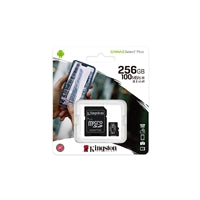 Kingston Canvas Select Plus 256GB Micro SD UHS-I flash card with adapter on packaging Kingston Canvas Select Plus 256GB Micro SD UHS-I flash card with adapter on packaging